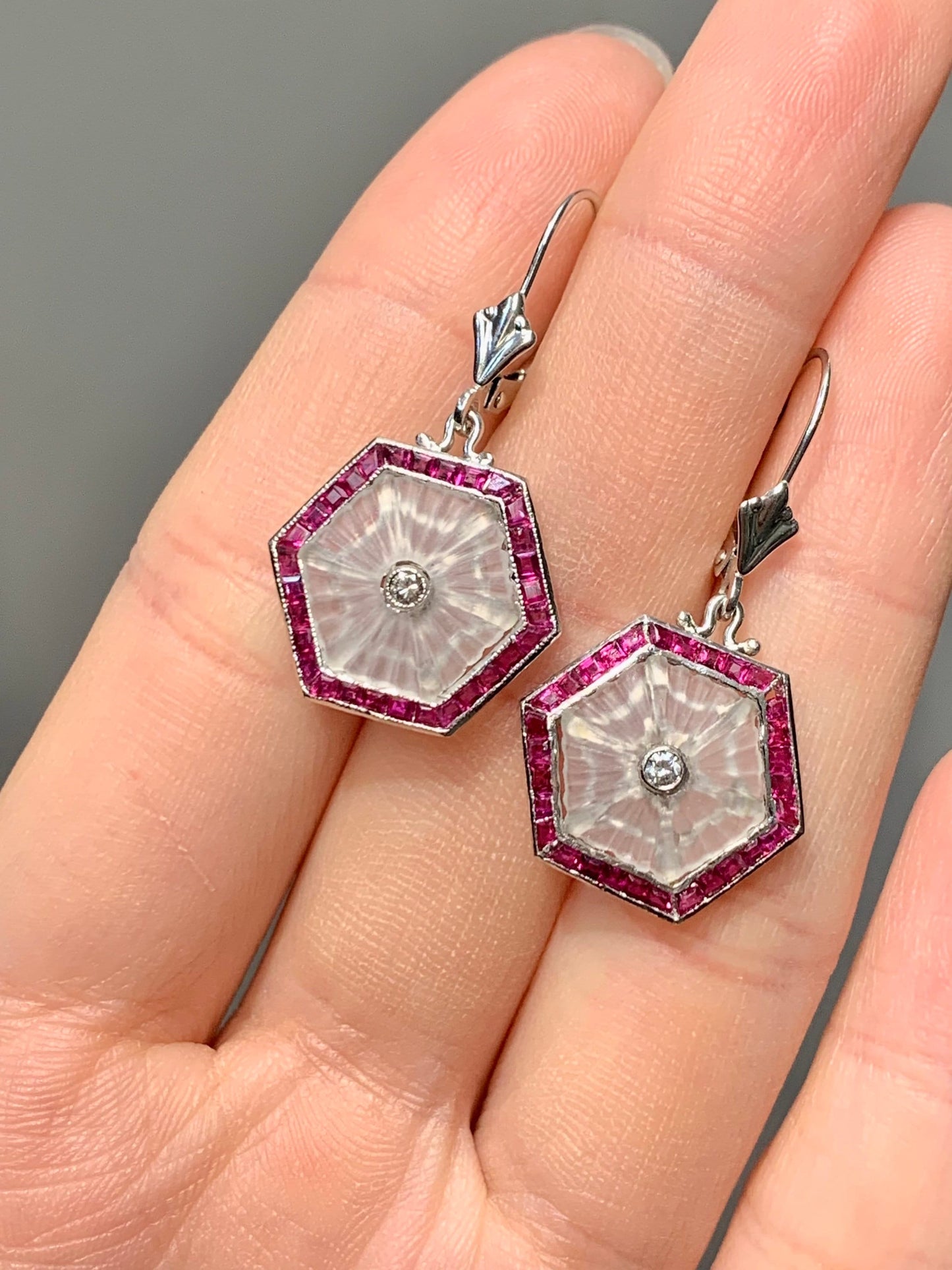 Art Deco Platinum 14K Gold Ruby Diamond Camphor Glass Hexagon Earrings