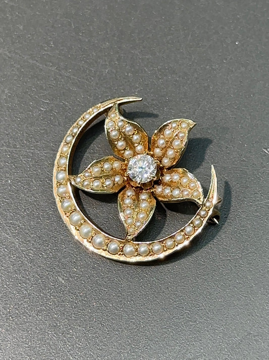 Antique 14K Gold Blooming Lily and Seed Pearl Crescent Brooch 