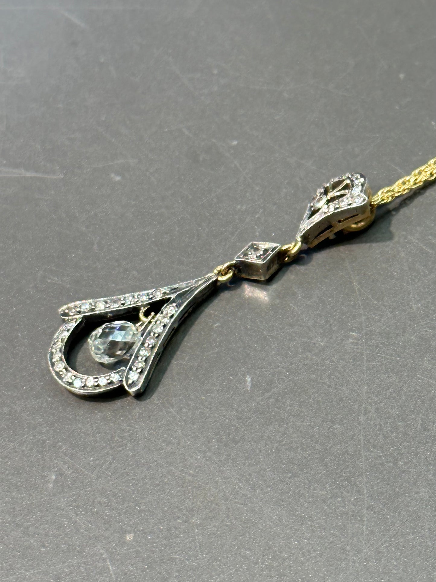 Edwardian 18K Gold Topped Silver Diamond Drop Necklace