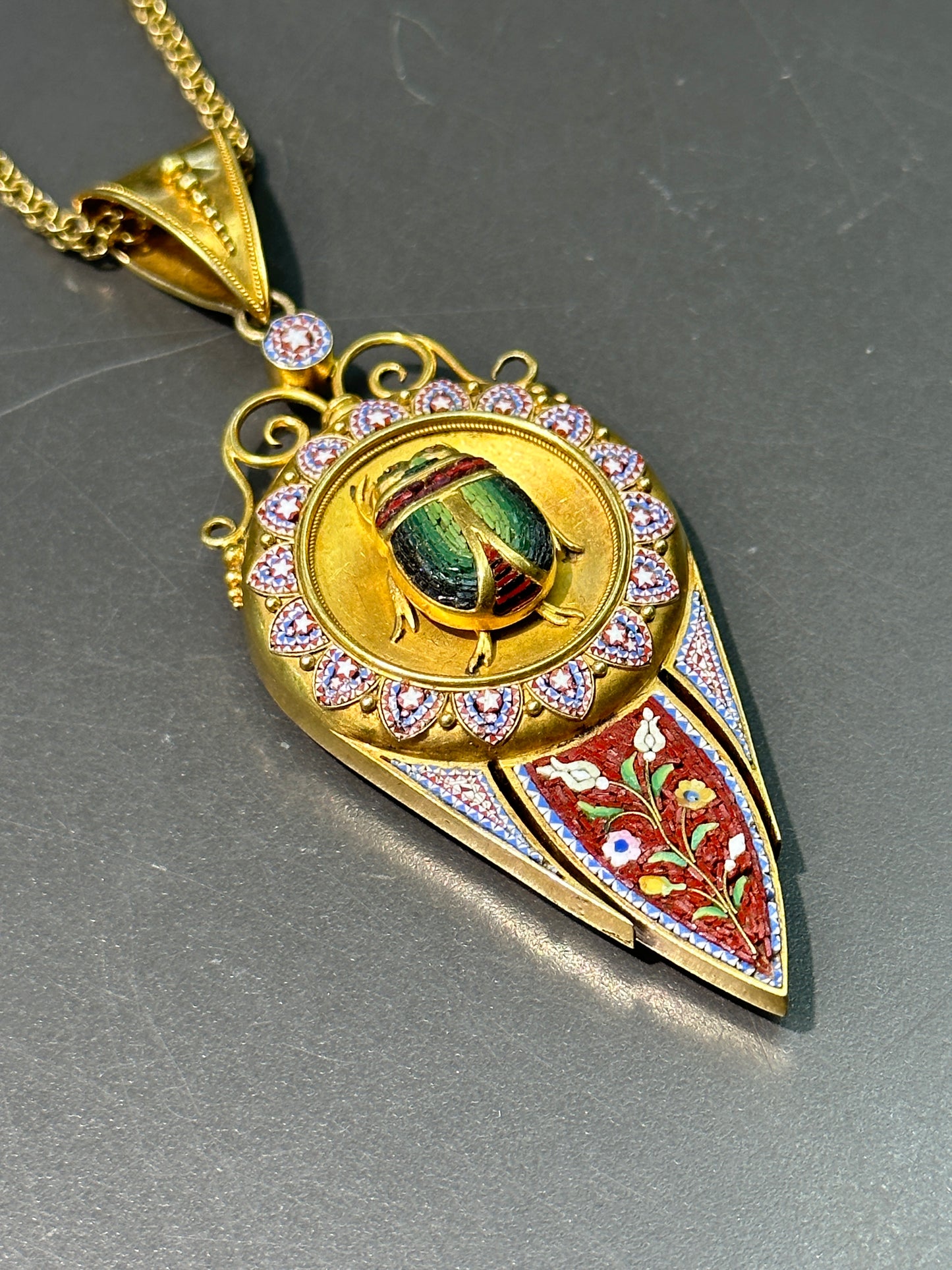 Victorian Etruscan 22K Gold Micro-Mosaic Scarab Pendant