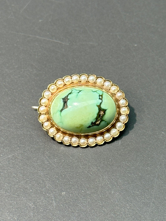 Art Nouveau 14K Gold Turquoise and Seed Pearl Brooch