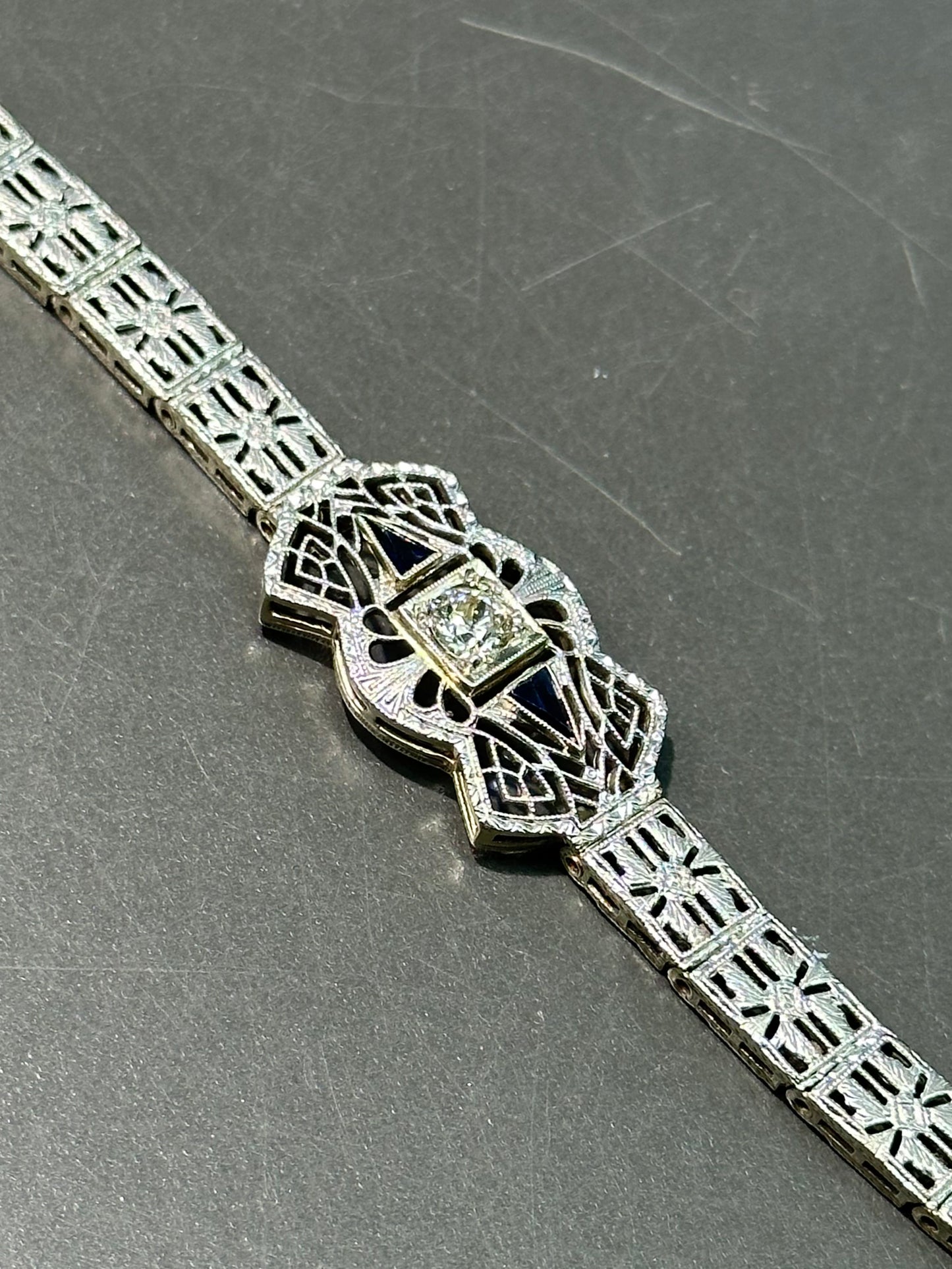 Art Deco 14K Gold Diamond and Sapphire Filigree Bracelet