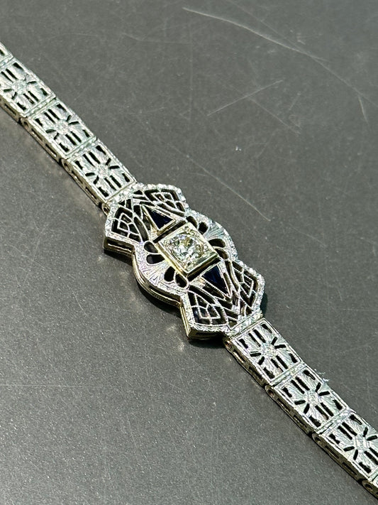 Art Deco 14K Gold Diamond and Sapphire Filigree Bracelet