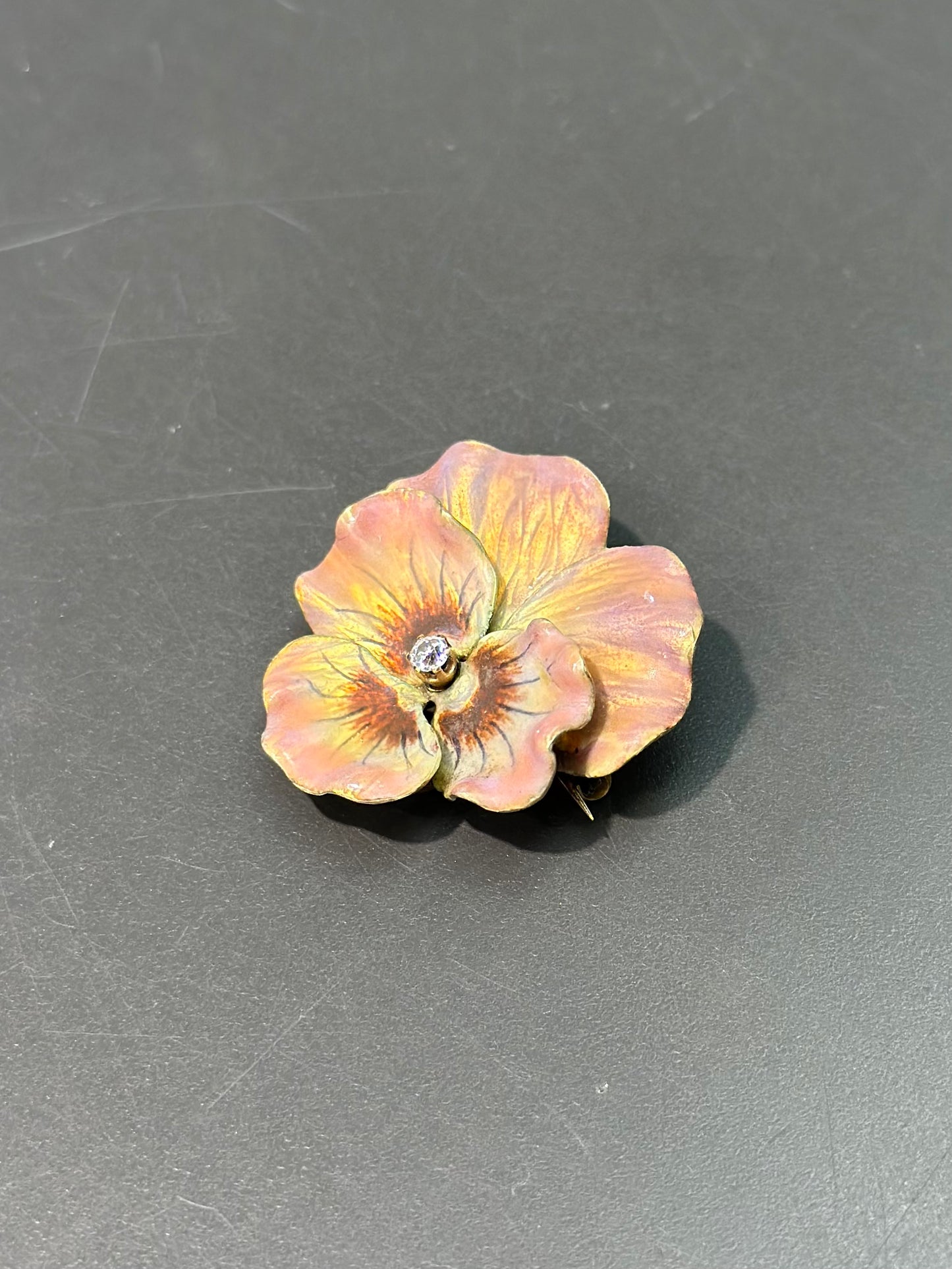 Art Nouveau 14K Gold Pink Enamel Diamond Pansy Flower Brooch