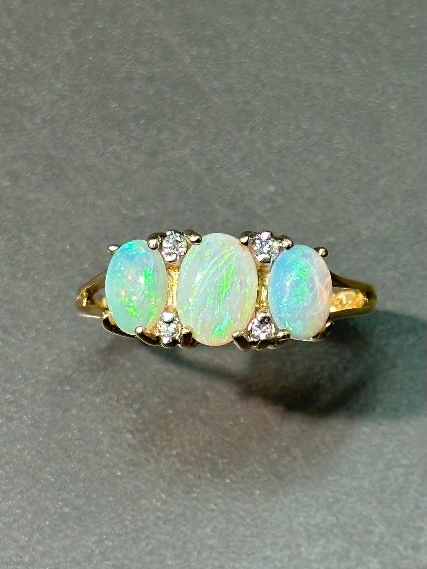 14K Gold Three Stone Opal Cabochon and Diamond Ring