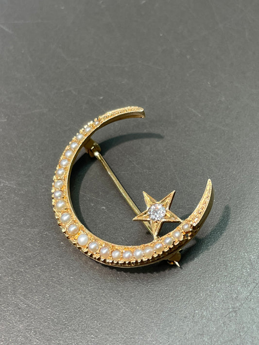 古董 14K 金珍珠和钻石新月和星形胸针