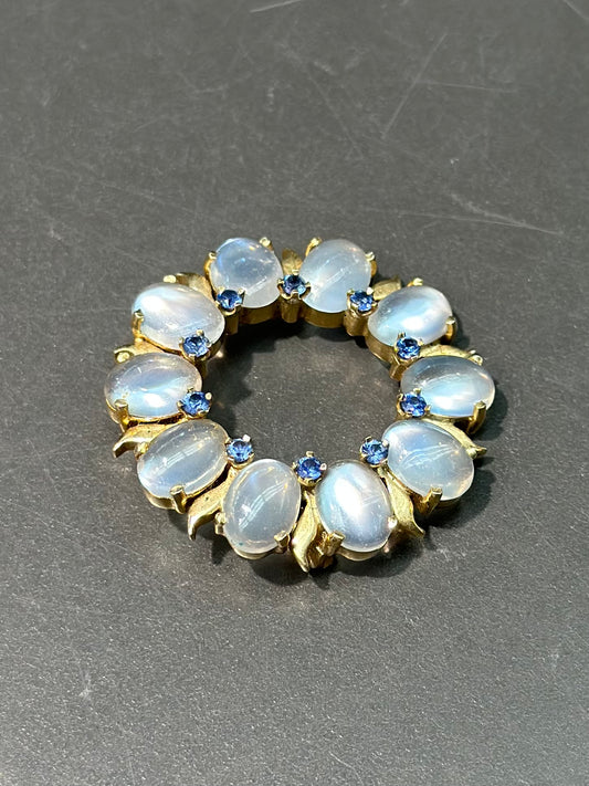 Retro 14K Gold Moonstone and Sapphire Circle Pin Brooch