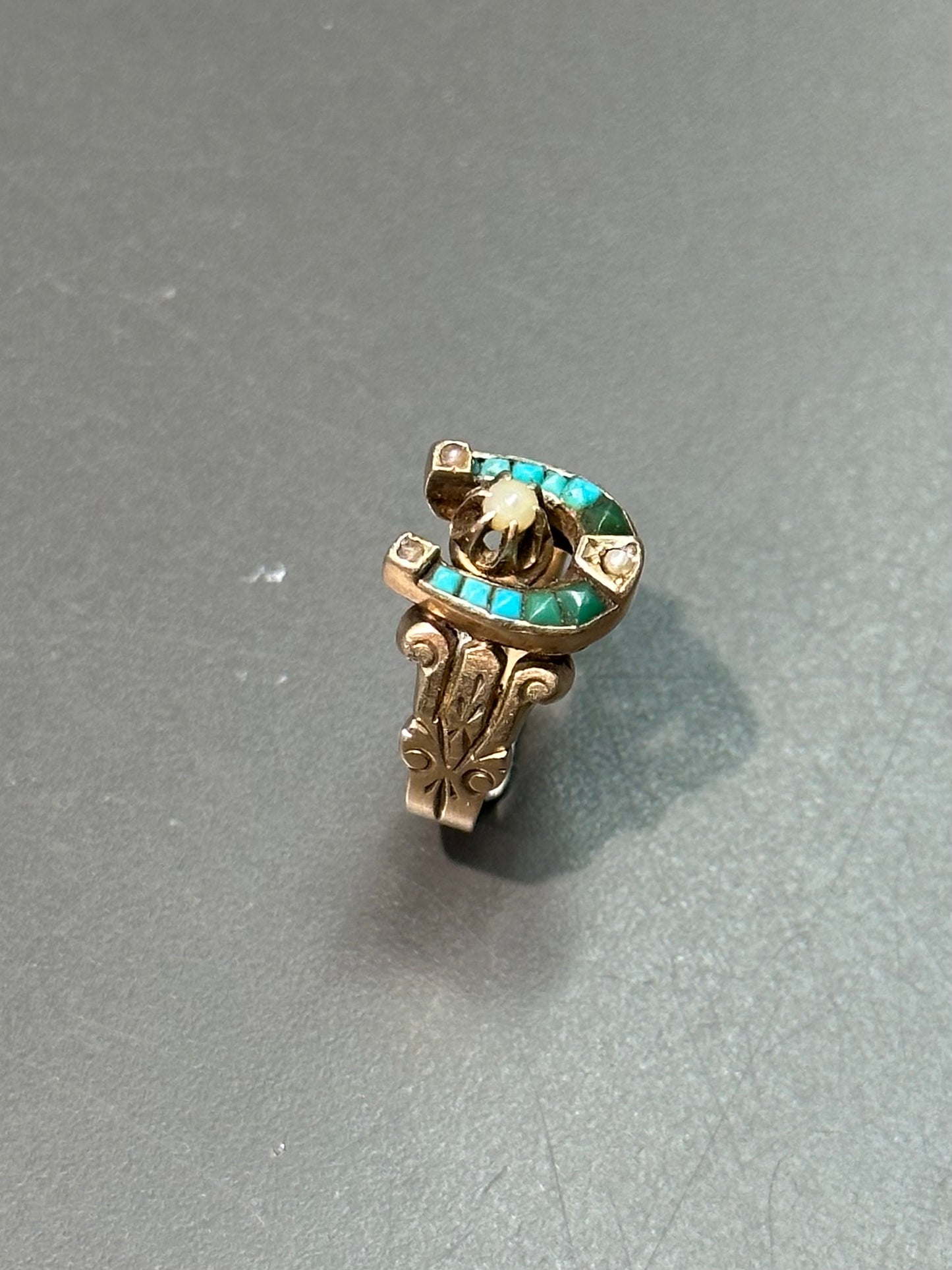 Victorian 14K Gold Turquoise Pearl Horse Shoe Ring