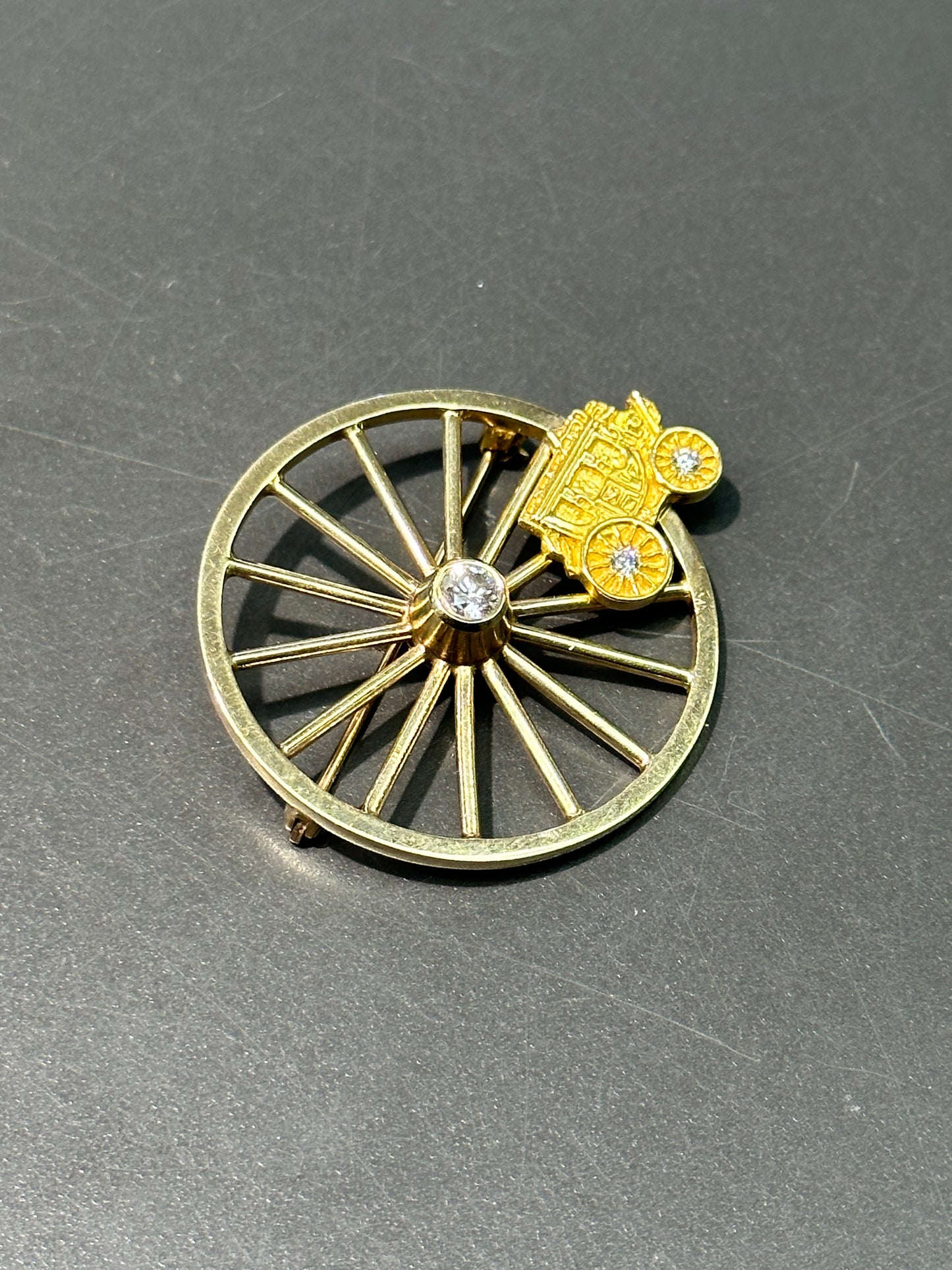 Tiffany & Co. 14K Gold Stagecoach Wheel Diamond Gold Brooch