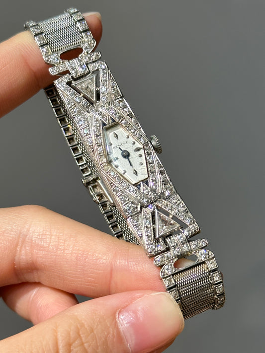 Art Deco Platinum Diamond Geometric Mesh Watch Bracelet