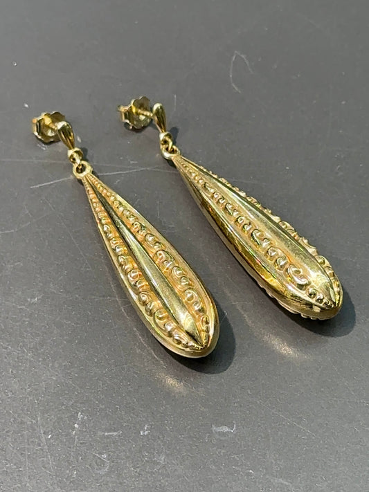 Boucle d'oreille vintage en forme de goutte allongée creuse en or 14 carats