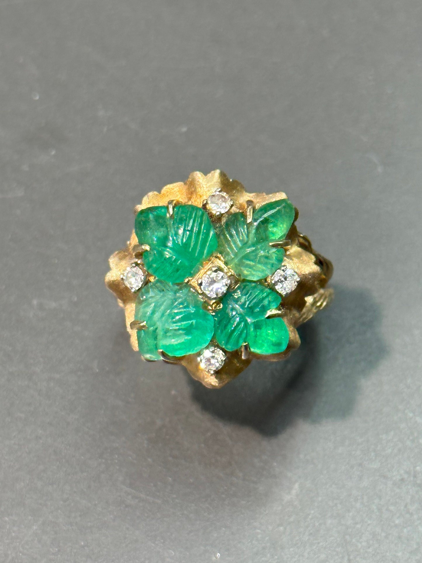 Vintage 14K Gold Tutti Frutti Emerald Diamond Ring