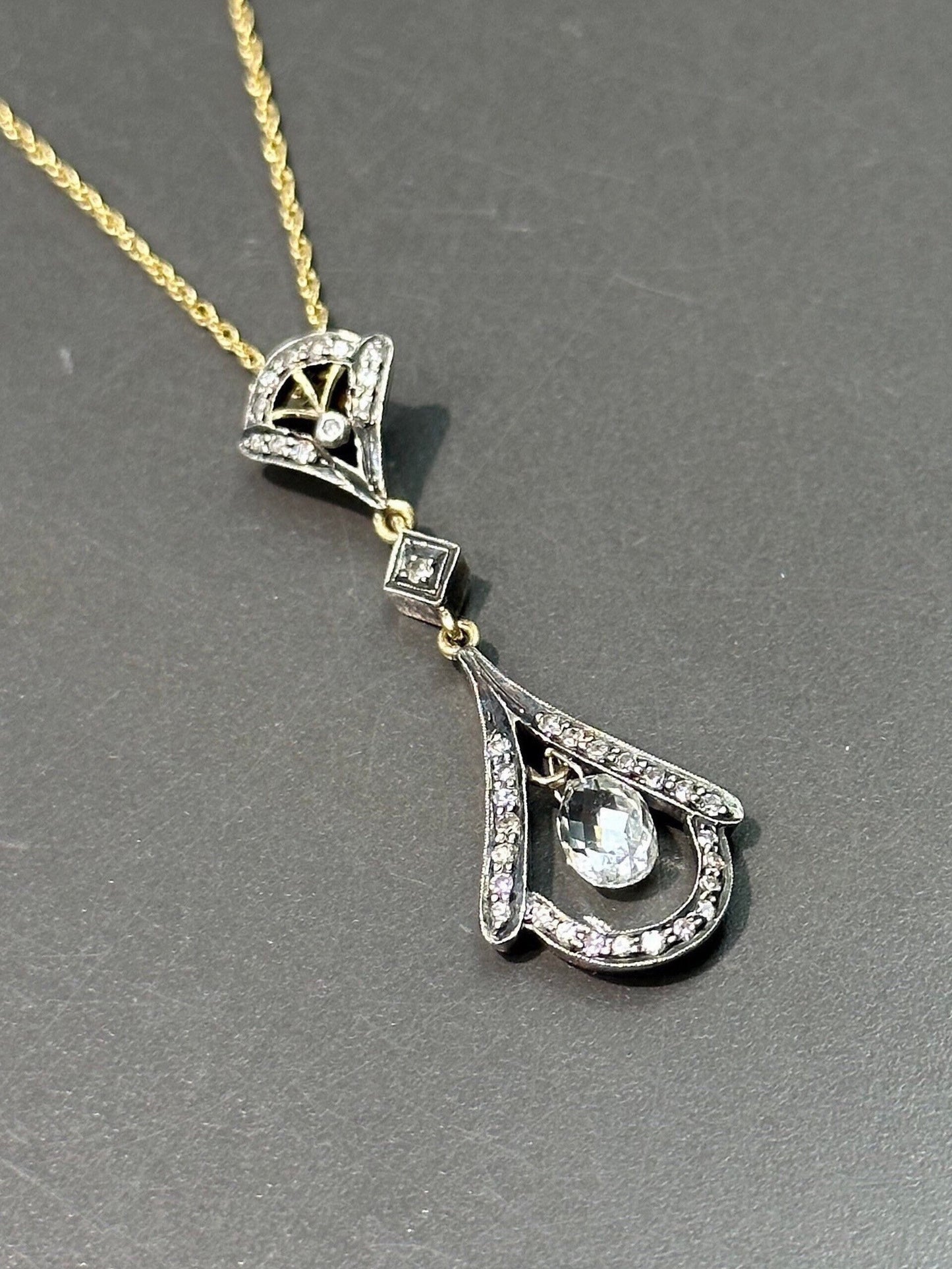 Edwardian 18K Gold Topped Silver Diamond Drop Necklace