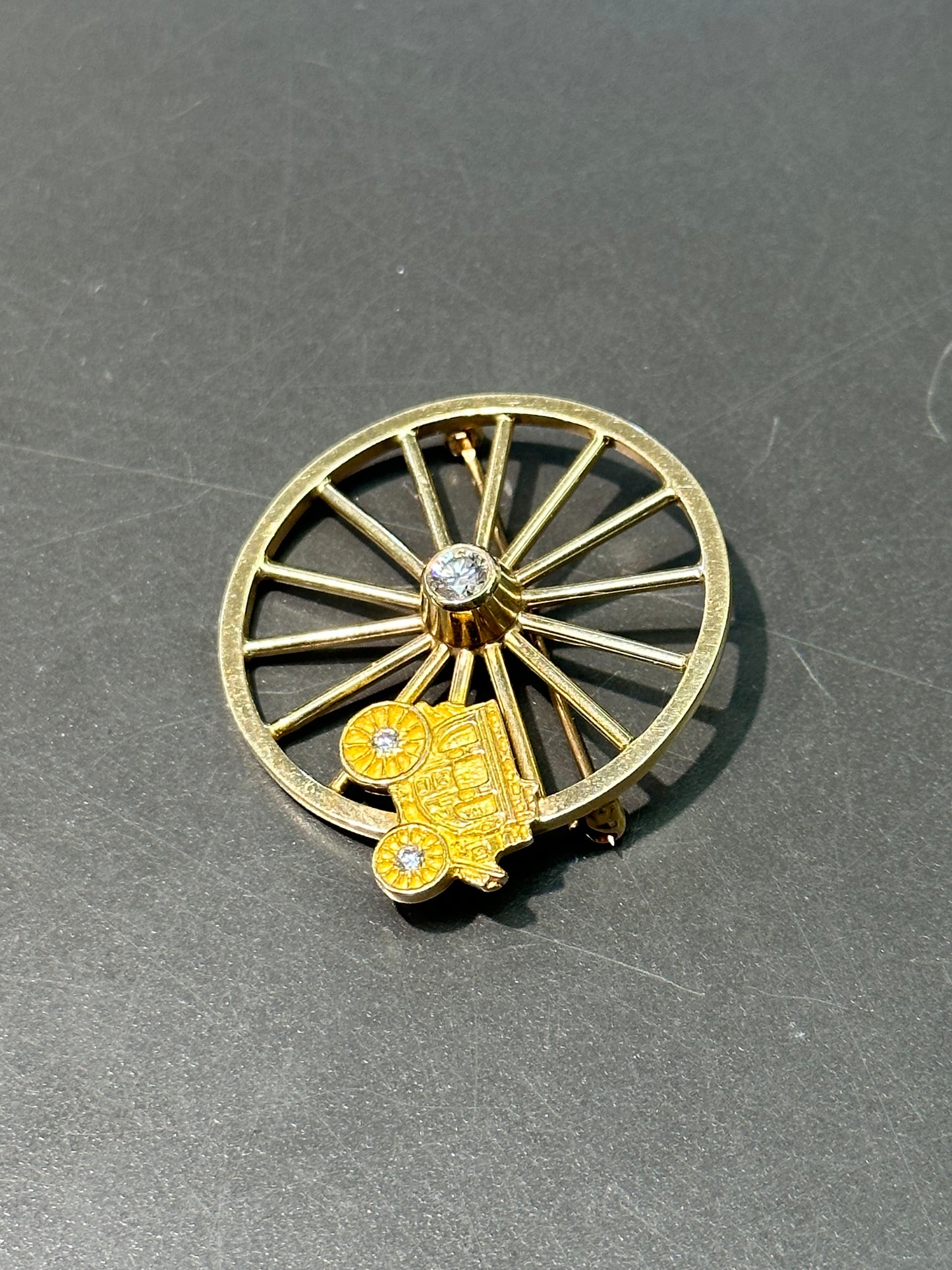 Tiffany & Co. 14K Gold Stagecoach Wheel Diamond Gold Brooch