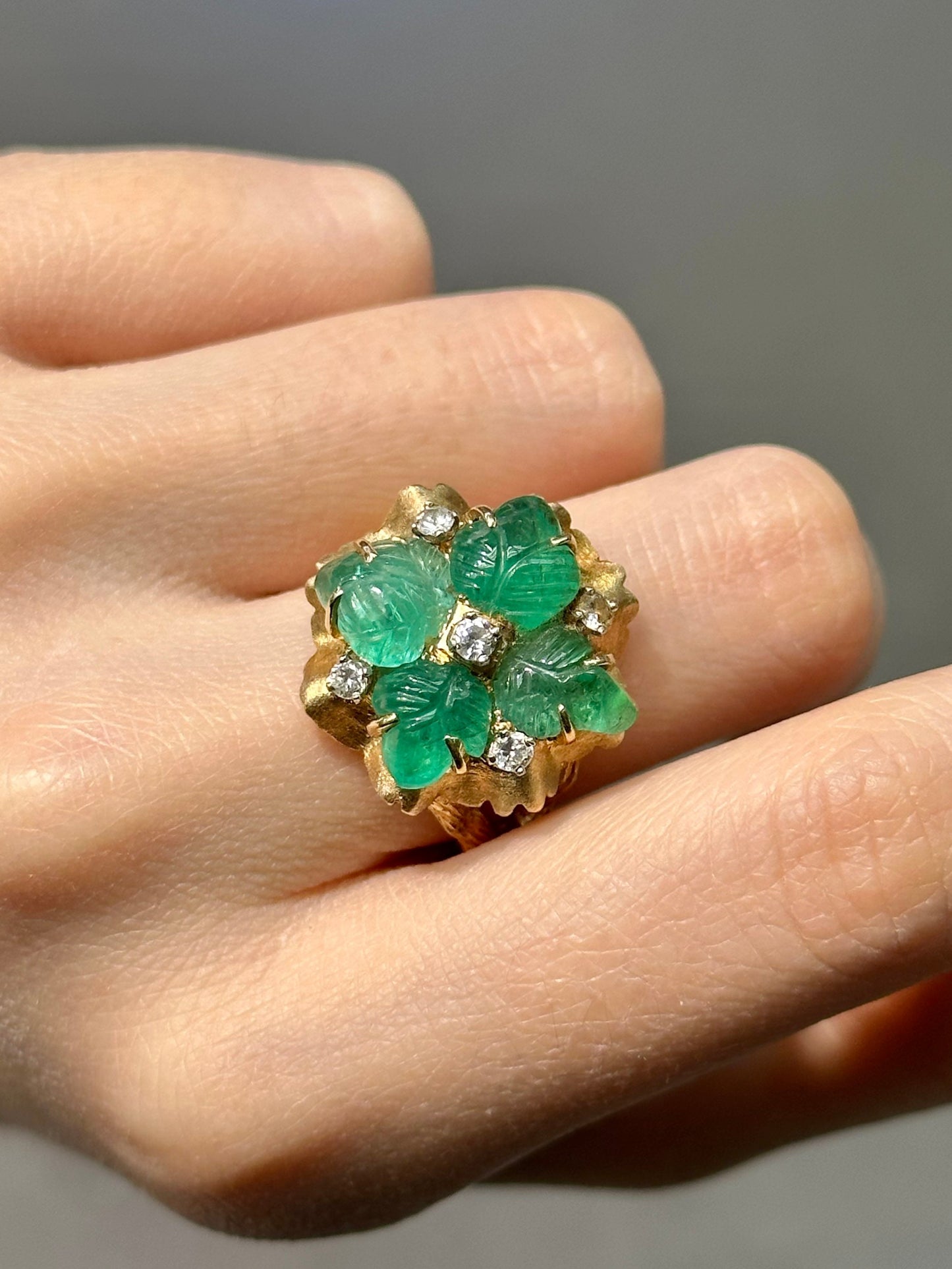 Vintage 14K Gold Tutti Frutti Emerald Diamond Ring