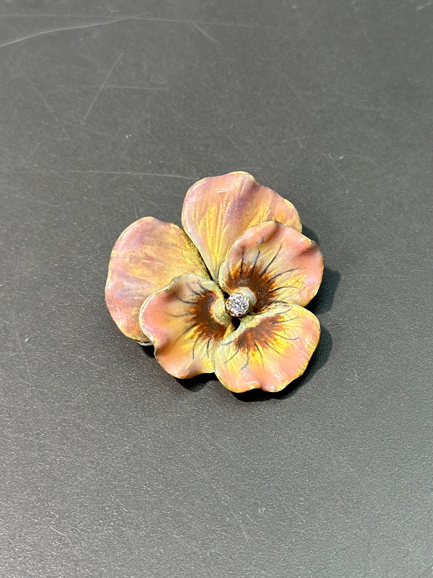 Art Nouveau 14K Gold Pink Enamel Diamond Pansy Flower Brooch