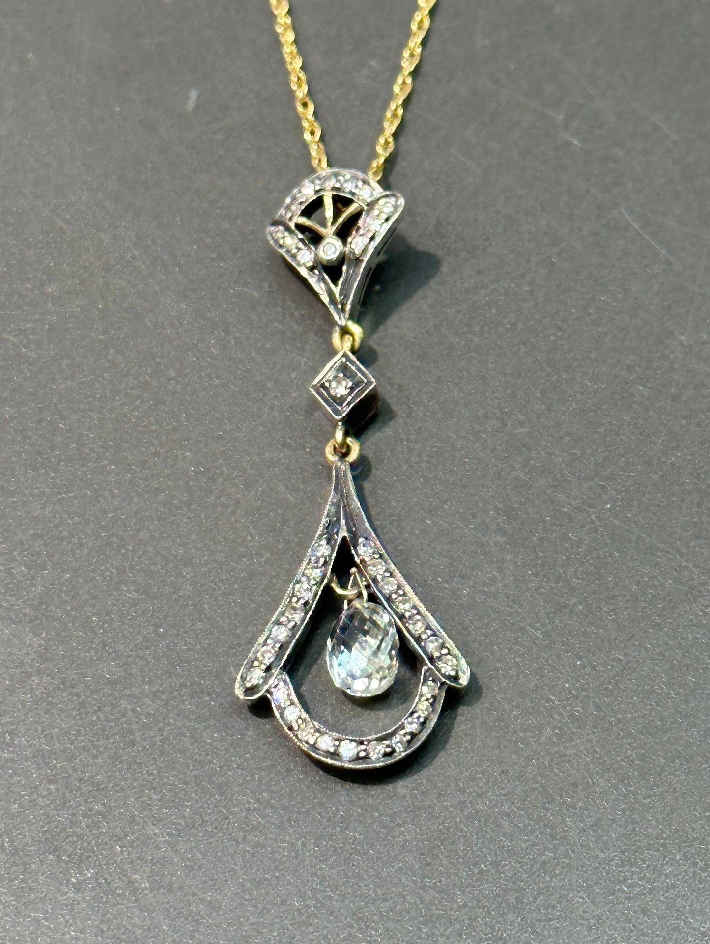 Edwardian 18K Gold Topped Silver Diamond Drop Necklace