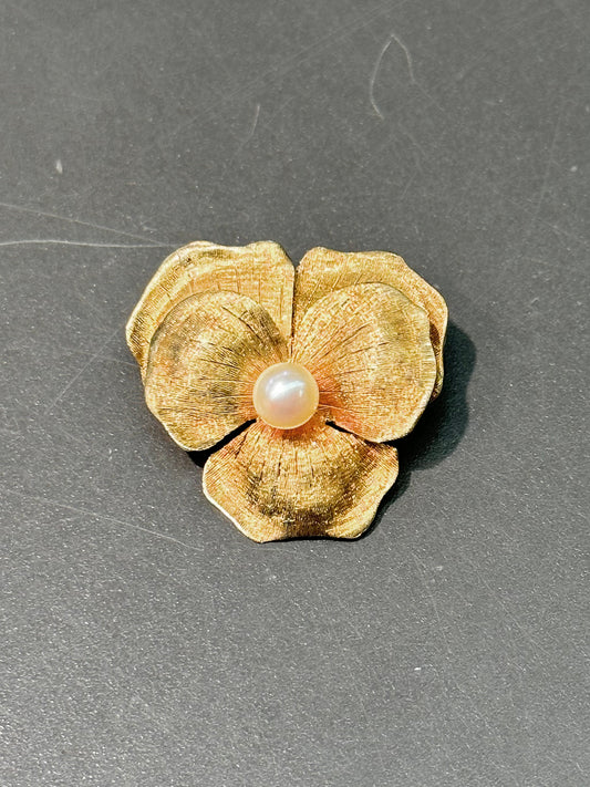 Art Nouveau Style 14K Gold Pearl Pansy Flower