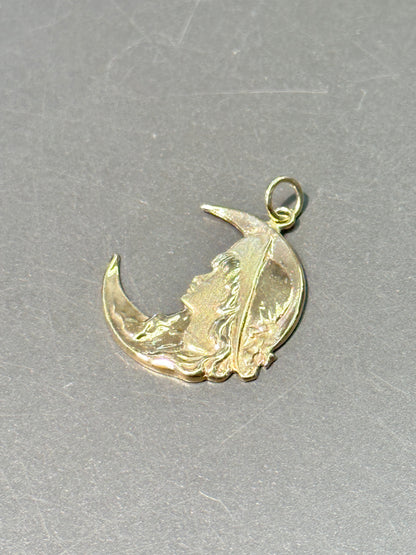 Pendentif femme et croissant Art Nouveau en or 14 carats