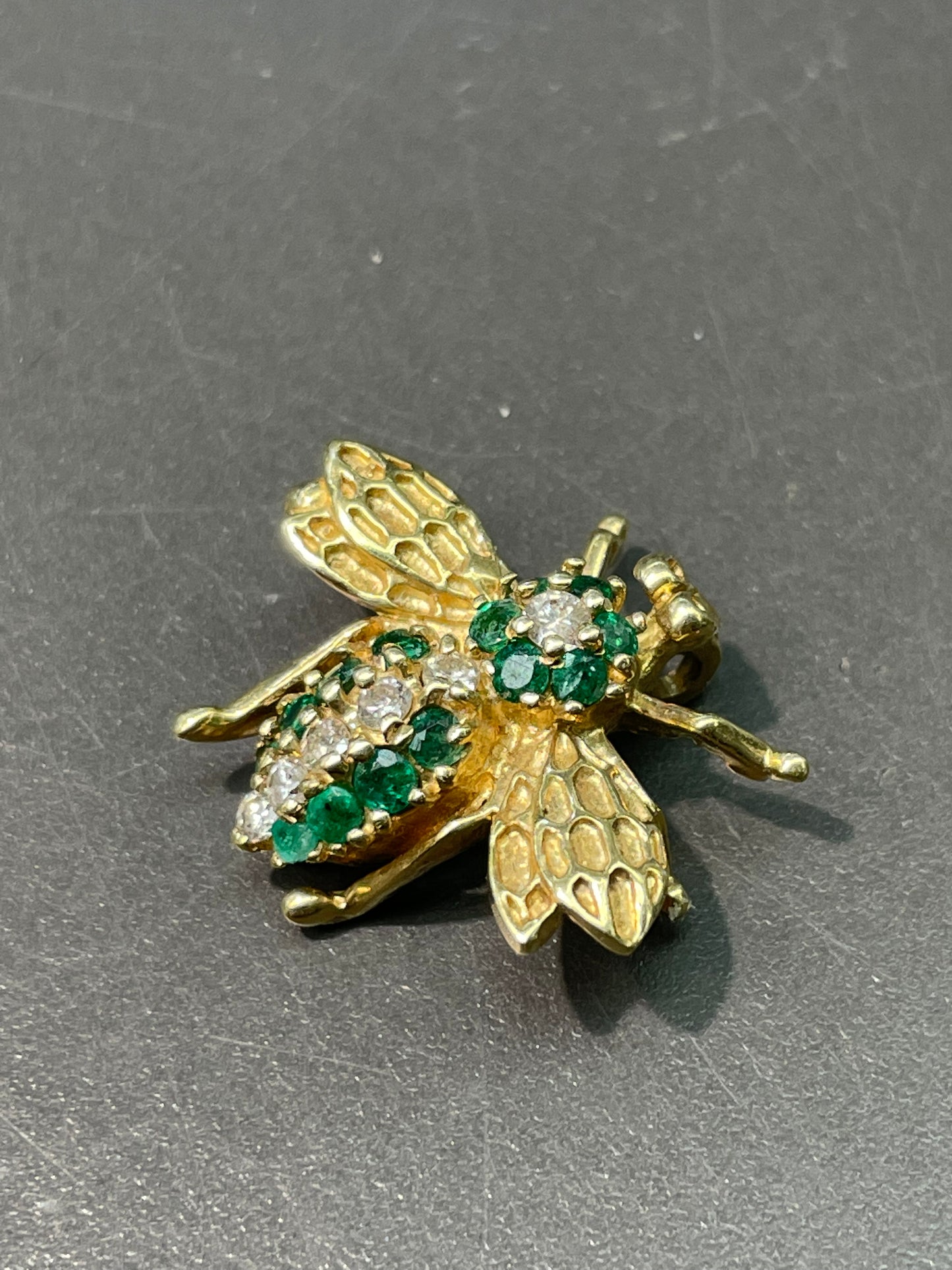 Vintage 14K Gold Emerald and Diamond Bee Pendant