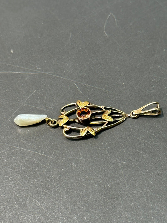 Art Nouveau 10K Gold Yellow Topaz and Pearl Lavaliere Pendant