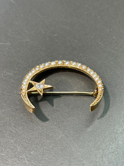 古董 14K 金珍珠和钻石新月和星形胸针