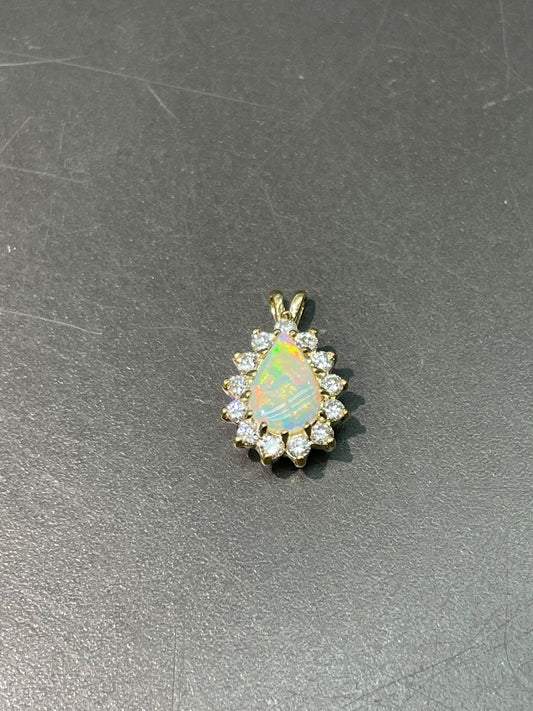 Vintage 14K Gold Opal and Diamond Drop Pendant