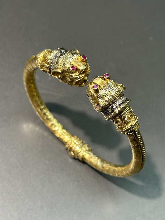 Antique 18K Gold Diamond and Ruby Chimera Bypass Bracelet