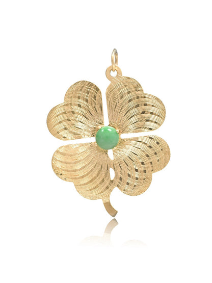 Vintage 14K Gold Large Jade Engine Turned Clover Charm