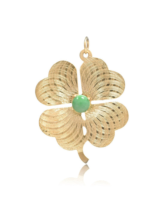 Vintage 14K Gold Large Jade Engine Turned Clover Charm
