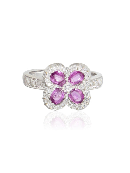 18K Gold Pink Sapphire Diamond Flower Ring