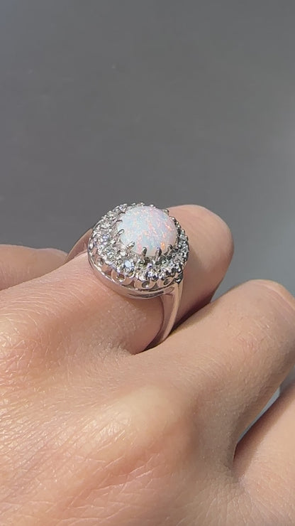 14K 白金蛋白石钻石光环戒指