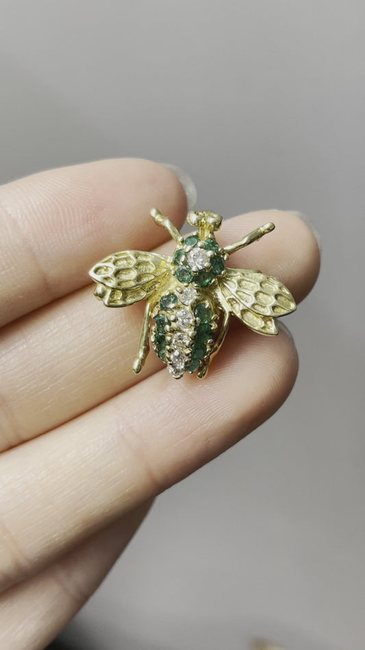 Vintage 14K Gold Emerald and Diamond Bee Pendant