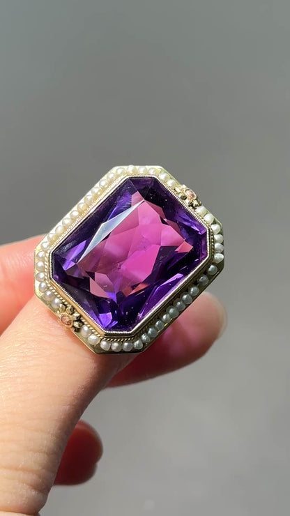 装饰艺术 14K 金紫水晶珍珠六角形戒指
