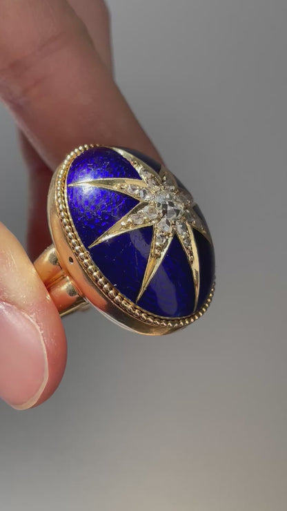 维多利亚 14K 黄金 0.95 CTW 钻石蓝色扭索纹珐琅星光戒指