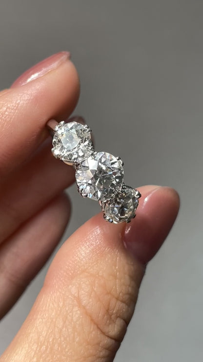 Antique Edwardian Platinum 3.61 CTW Three Stone Old European Diamond Ring