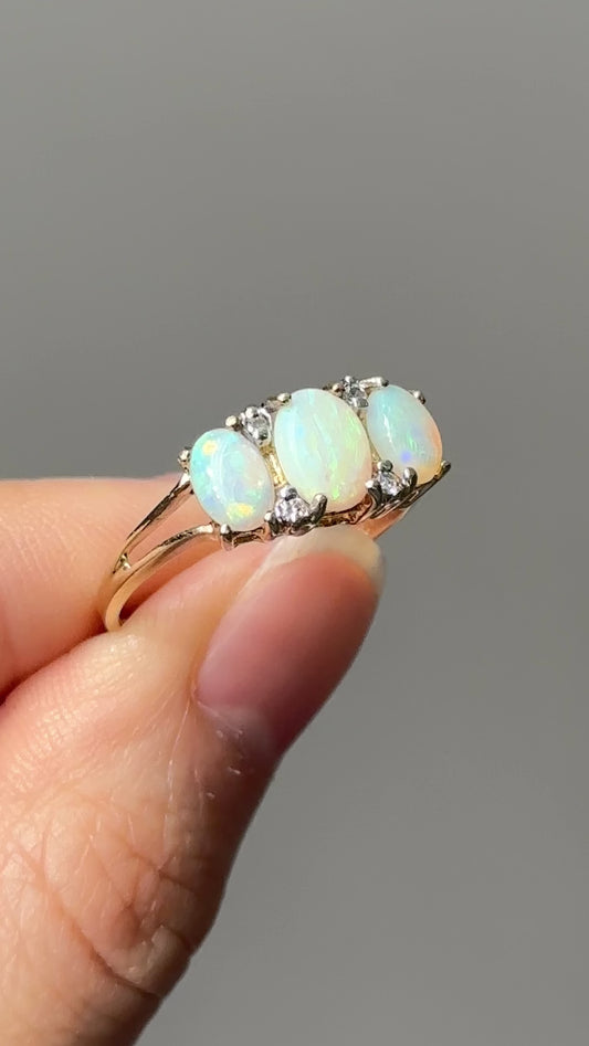 14K Gold Three Stone Opal Cabochon and Diamond Ring