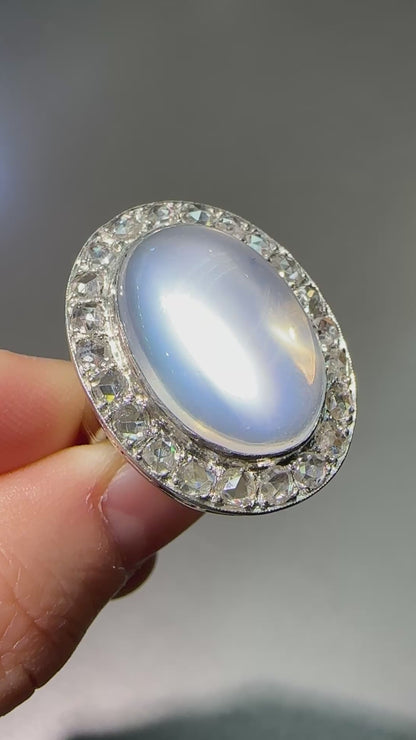 Edwardian 14K White Gold 13.2 CTW Ceylon Moonstone Rose Cut Diamond Halo Ring