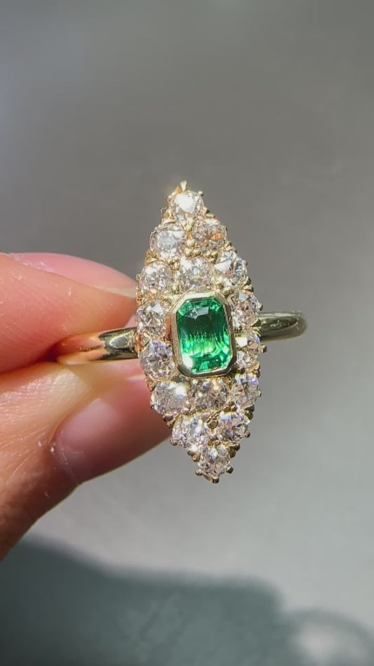 Antique 14K Gold Emerald Diamond Navette Ring SZ 6.75