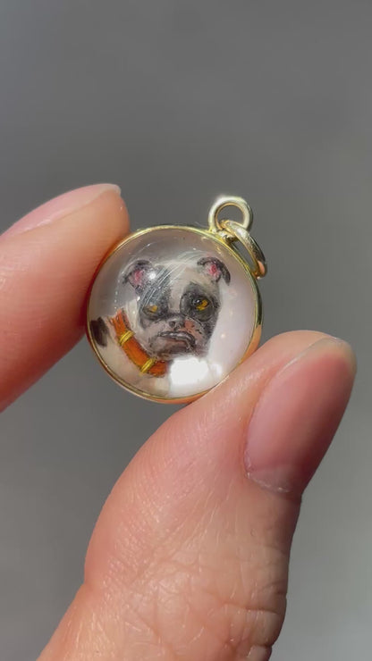 古董 14K 金反向彩绘埃塞克斯水晶斗牛犬吊坠