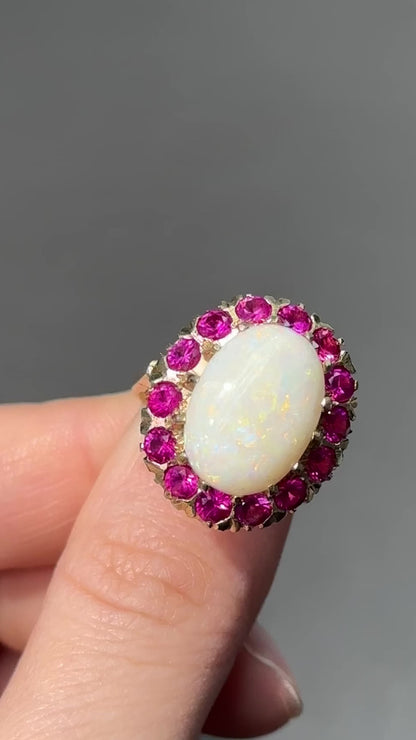 Vintage 14K Gold Opal and Synthetic Ruby Halo Ring Size 6.5