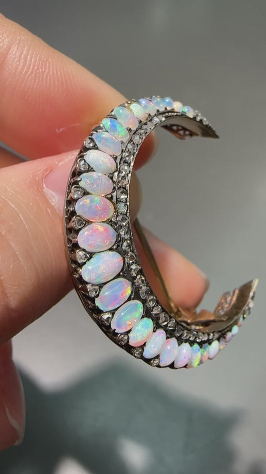 Victorian 14K Gold Opal Diamond Crescent Brooch