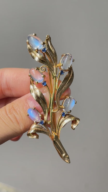 Bouquet rétro de fleurs de pierre de lune et de saphir en or 14 carats