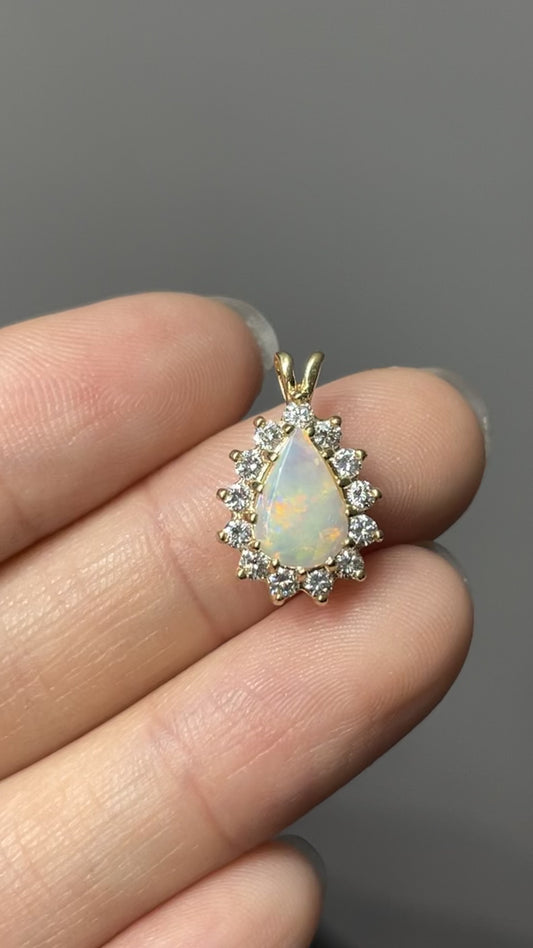 Vintage 14K Gold Opal and Diamond Drop Pendant