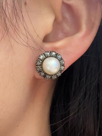 Antique French 18K Yellow Gold 9.0 mm Pearl 1.8 CTW Diamond Halo Earring