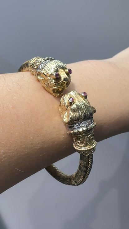 古董 18K 金钻石和红宝石嵌合体旁路手链