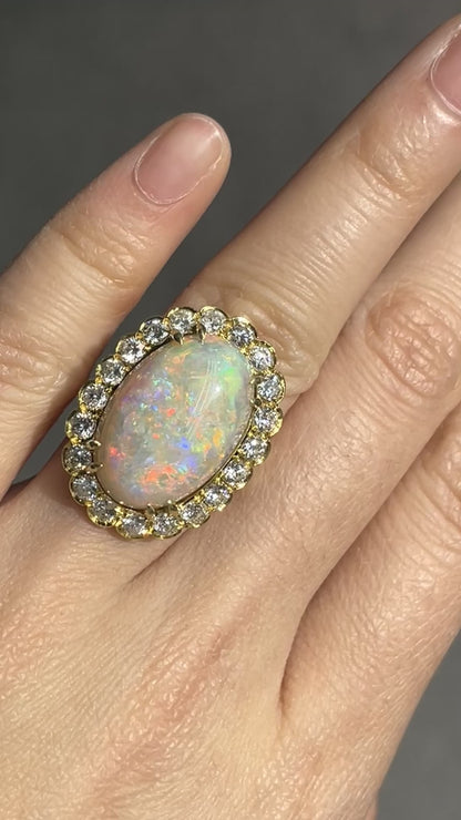 18K Gold Australian Opal Diamond Halo Ring