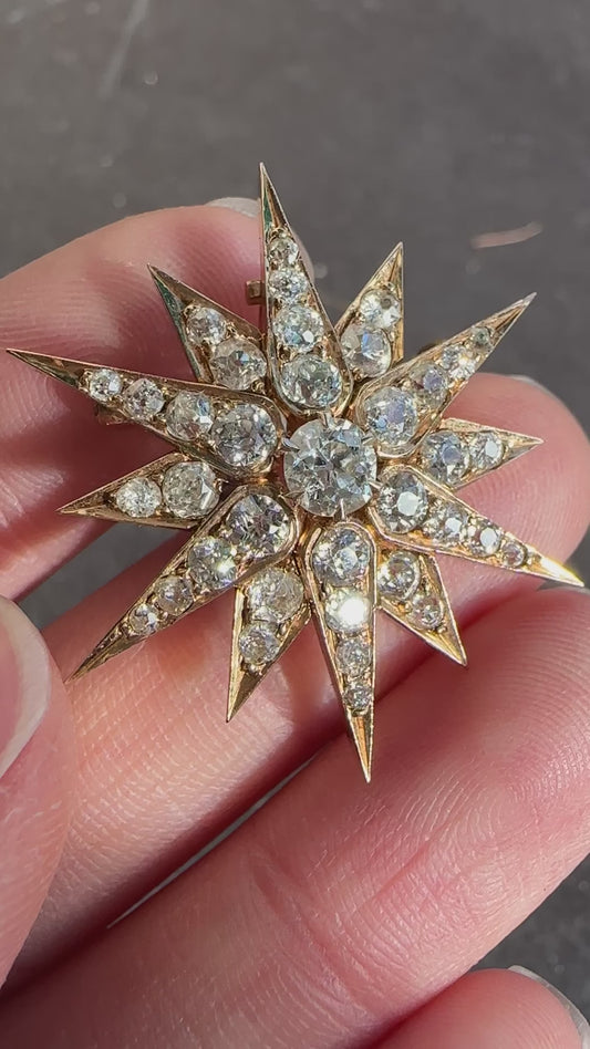 Victorian 14K Gold Diamond Starburst Pendant Brooch