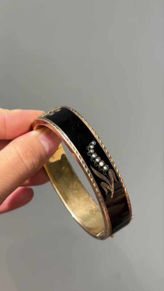 维多利亚 14K 金种子珍珠黑珐琅铃兰手链