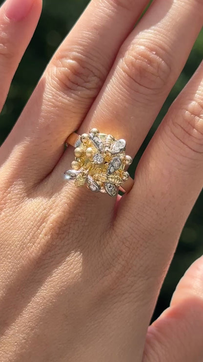 复古 14K 金钻石蜜蜂戒指